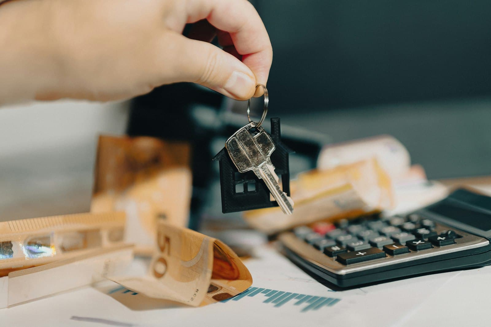 Main tenant une clé à porte-clés en forme de maison, au-dessus de billets en euros et d'une calculatrice