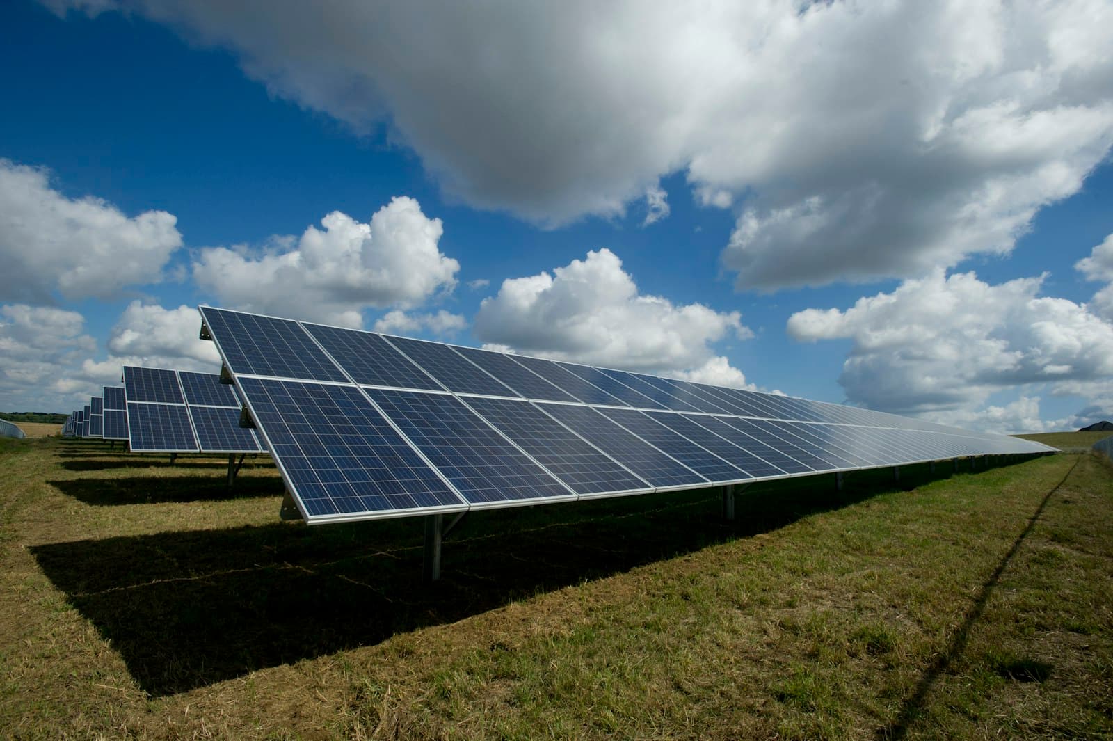 Rangées de panneaux solaires dans un champ sous un ciel nuageux