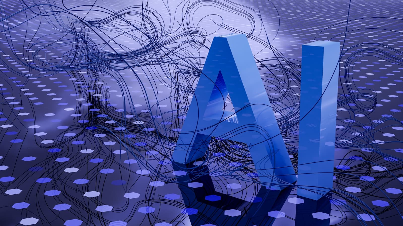 Lettres « AI » en trois dimensions sur un circuit imprimé bleu